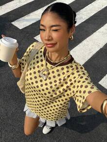 Muchica 女士波点印花圆领短袖休闲T恤 - 彩色 - 查看 4