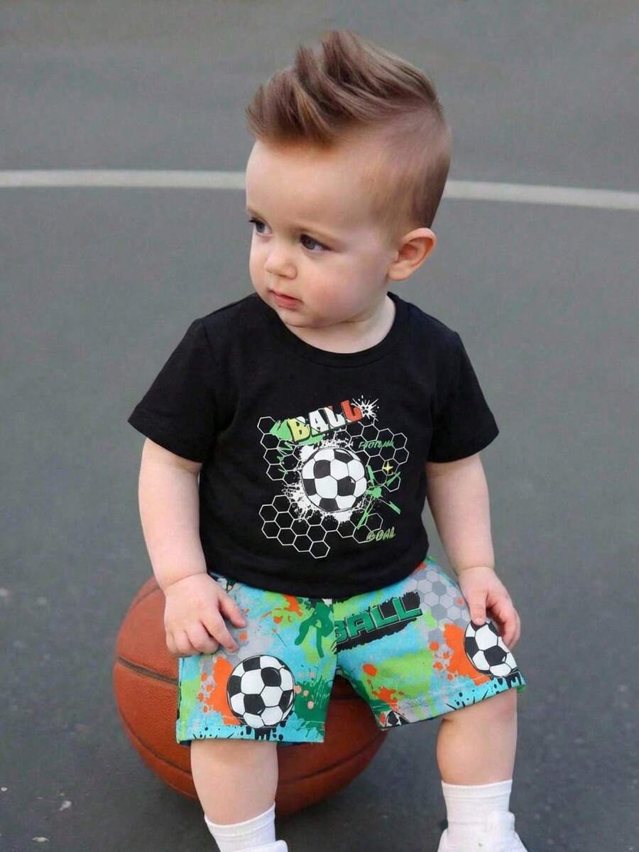 SHEIN Set de 2 piezas de camiseta y pantalones cortos deportivos informales con estampado de teñido anudado para bebé niño, adecuado para primavera y verano - Multicolor - Ver 1