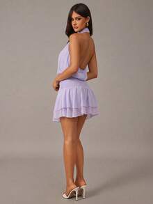 Radiana 2pcs/Set Elegant Lilac Purple Chiffon Outfit,Summer Girly Vacation Ruffle Backless Top & Ruffled Mini Skirt, Women's Summer Co Ord Dress Set - Purple - View 1