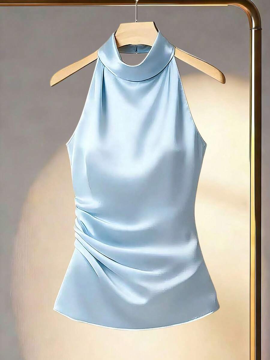 Franclia 女士纯色露背垂褶优雅修身衬衫，夏季 - 藍色 - 查看 1