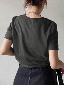 FRIFUL Women's Solid Color Slim Fit Casual Short Sleeve T-Shirt, Suitable For Spring And Summer - Dark Grey - View 7