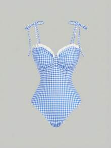 SHEIN MOD Áo tắm liền thân kẻ caro xếp nếp dành cho nữ - Màu xanh lam - Xem 7