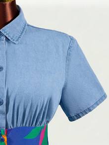SHEIN Đầm denim tay ngắn, phối họa tiết lá cây, kiểu dáng thường ngày, mùa hè dành cho nữ, có thắt eo. - Màu xanh lam - Xem 3