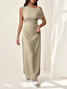 SHEIN Tall 女士纯色不对称领口短袖褶裥腰部单肩连衣裙，春夏款，通勤装，优雅性感，适合度假和海滩穿着 - 杏色 - 查看 7