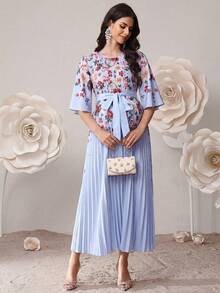 SHEIN Maternity Floral Print Ruffle Hem Elegant Midi Dress - Baby Blue - View 5