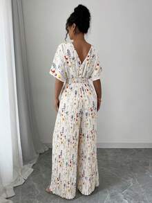Elenzga Printed Deep V-Neck Batwing Sleeve Pleated Elegant Women Jumpsuit - Beige - View 2