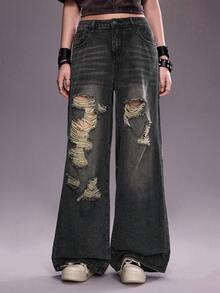 ROMWE Grunge Punk Punk Street Vintage Washed Cross Print Low Waist Oversized Fit Jeans - Multicolor - View 2