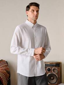 VeloEdit White Color Men's Solid Button-Down Long Sleeve Shirt, Collar, Fall Old Money, With Pocket & Button Front, Business Commuting & Boyfriend Summer - White - View 7