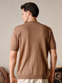 Brown Color Men's Casual Everyday Commute Solid Short Sleeve Cable Knit Sweater, Round Neck Camel, Autumn Old Money, With Rib-KnitFall Winter - Camel - View 2