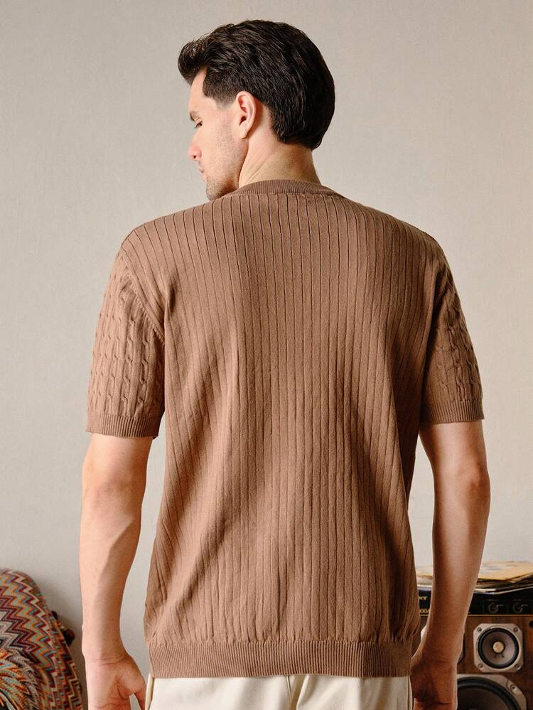 Sweater Rajut Kabel Pria Warna Cokelat untuk Kasual Harian dan Komuter, Polos Lengan Pendek, Kerah Bulat Camel, Gaya Old Money Musim Gugur, dengan Rib-Knit untuk Musim Gugur dan Musim Dingin - Unta - View 2