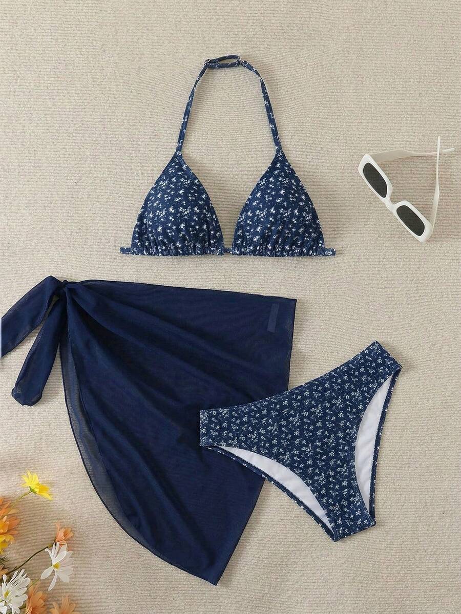 少女三件套泳衣：碎花比基尼上衣、泳裤和系带半身裙，蓝白相间 - 藏蓝色 - 查看 1