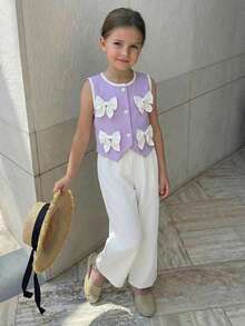 Young Girl' Set, Round Neck Top With Contrast Color Cuffs And Collar, Button Front Closure, Bow Decor, Paired With Straight Leg Casual Pants, Elegant And Fashionable Outfit - Purple - View 6
