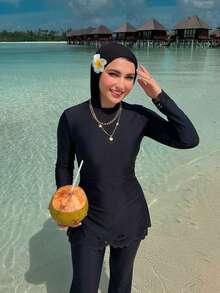 Swim Shayni 女士保守黑色长袖泳衣套装，镂空高腰沙滩装 - 黑色 - 查看 1