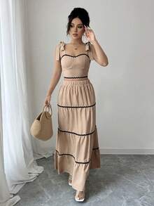 SHEIN Raffinéa 女士优雅无袖上衣和迷你裙套装 - 卡其色 - 查看 3