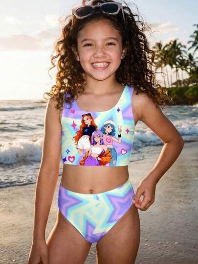 Tween Girl Casual Cartoon Character Print Tankini Swimsuit Set, Suitable For Summer