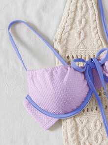Bellisia Conjunto de bikini de tirantes finos con adorno de color contrastante y nudo - Morado - Ver 5
