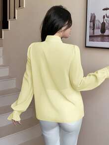 Modelyn French Elegant Ribbon Decor Long Sleeve Blouse, Slimming & Graceful, Autumn, Pink - Yellow - View 3