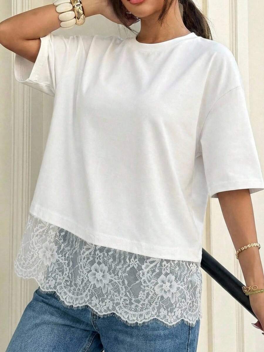 SHEIN EZwear Áo thun nữ tay ngắn cổ tròn màu trơn, kiểu dáng thường ngày, đa năng. - trắng - Xem 1