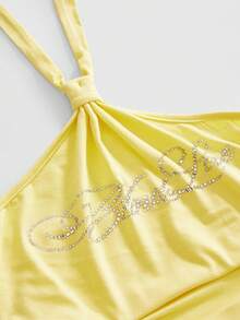 ROMWE Y2K Rhinestone Halter Crop Top And Low-Rise Shorts 2 Pieces Set For Women - Pale Yellow - View 3