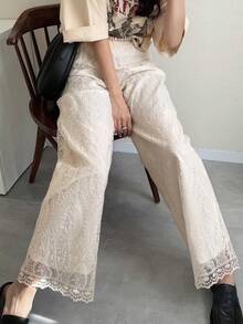 FRIFUL Quần nữ ống đứng dáng rộng, chất liệu ren xuyên thấu, màu be trơn, kiểu dáng thường ngày. - Màu be - Xem 3