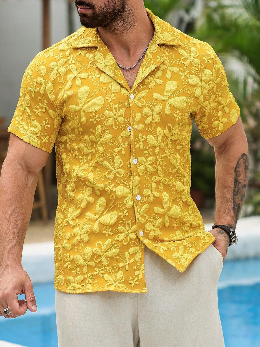 VENTUSAIL Men's Casual Jacquard Short Sleeve Shirt, Summer - Gold - View 1