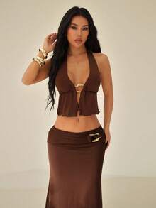 SHEIN PETITE Conjunto de dos piezas para mujer para uso diario - Café integral - Ver 4