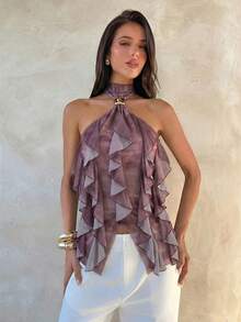 Aloruh Women's Elegant Multi-Layer Ruffle Trim Stand Collar Fitted Tank Top,Summer Top - Dusty Pink - View 4