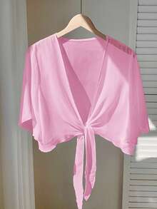 GalTyme 浅粉色薄纱加大码女式短袖前系带薄外套 - 淺粉色 - 查看 8