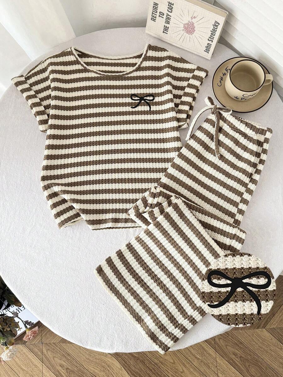 SHEIN Tween Girls' Casual Striped T-Shirt And Pants Set, Summer - Khaki - View 1