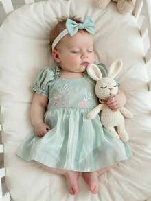 SHEIN Vestido de mono para recién nacido de 0-3 meses, con lentejuelas brillantes, color verde, conjunto de verano con diadema de lazo para sesión de fotos de bebé niña, accesorios de fotografía para bebé niña - Multicolor - Ver 5