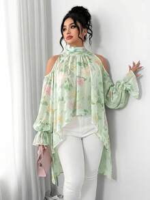 Elenzga 大码女式优雅梭织长袖绣球花数码印花半透明宽松衬衫 - 綠色 - 查看 1