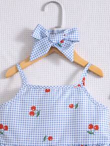 Bộ áo hai dây và quần short kẻ caro màu anh đào cho bé gái, kèm băng đô. - Màu xanh lam - Xem 4