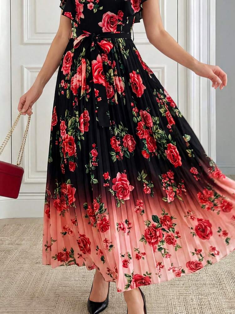 V-Neck Floral Print Ruffle Hem A-Line Pleated Elegant Romantic Dress For Women,Summer Dresses For Women,Festival Outfits For Women,Mother's Day ,Party Dress,Elegant Dresses For Women,Floral Dress,Red Dresses
