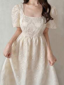 FRIFUL Vestido largo elegante de fiesta con cintura fruncida y bordado floral para mujer - Beis - Ver 8