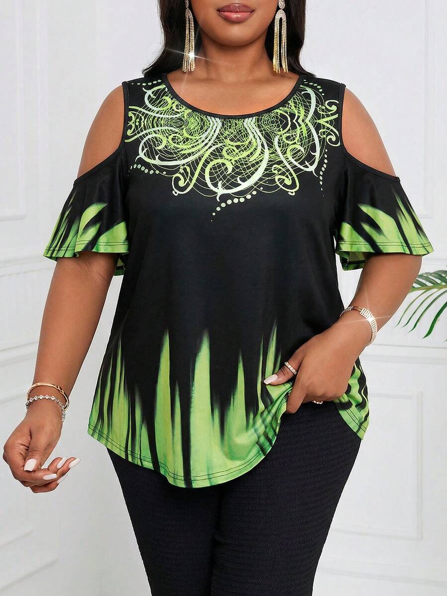 SHEIN Lady Camiseta de manga corta con cuello redondo y hombros descubiertos con estampado gráfico, para mujer de talla grande, blusas y tops de verano para mujer, blusas para mujer de talla grande, blusas con hombros descubiertos, blusas con estampados, tops de talla grande para mujer, blusas para mujer de talla grande, ropa de verano para mujer de talla grande, tops de talla grande Linhara, tiendas de ropa de talla grande para mujer en línea - Multicolor - Ver 1