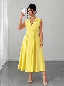 Elenzga Plus Size Women Elegant Casual Sleeveless Lapel Button Decor Maxi Dress - Yellow - View 6