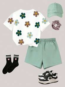 Tween Girls' Digital Polka Dot Bow Decor Short Sleeve Shorts Set, Casual Comfortable Stylish Spring/Summer Outfit, Versatile Design Suitable For Outdoor, Sports, Picnic, Photography, Home, School, Holidays, Gifts,Summer Outfits,Polka Dot Top,Squishy,Summer Sets,Summer Two Piece Set - Multicolor - View 2