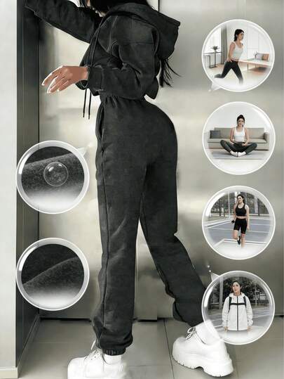 Conjunto Deportivo de 2 Piezas Sudadera con Gorro y Pants Jogger Fitness para Mujer