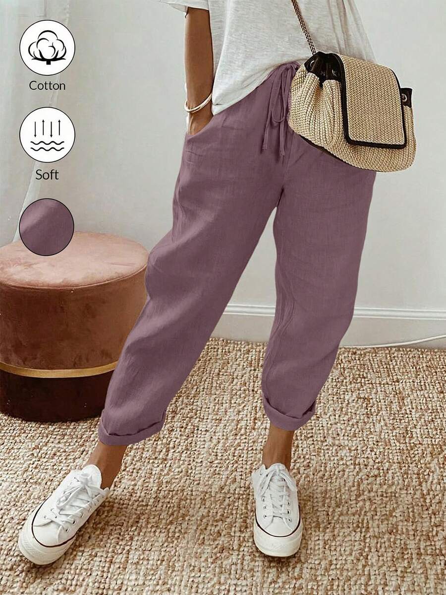 Breezaya Women Loose Drawstring Hemming Cuffed Casual Cropped Pants - Dusty Purple - View 1