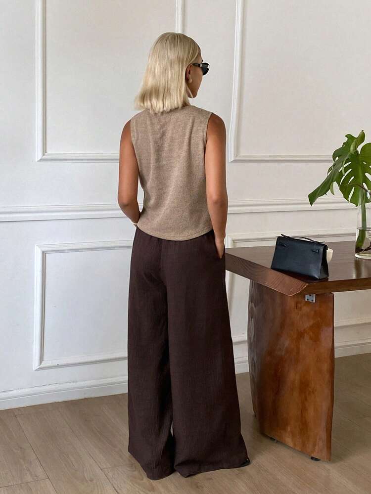 Women's V-Neck Single-Breasted Vest And Wide-Leg Pants Casual 2 Pieces Set