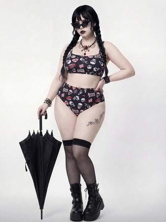 Goth Nuovo set di costumi da bagno per vacanze al mare, design punk a teschio, set di costumi da bagno alla moda per donne taglia forte, set di costumi da bagno minimalisti di base per donne taglia forte