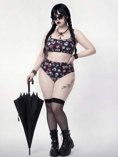 ROMWE New Seaside Beach Vacation Swimsuit Set, Punk Skull Design, Fashionable Plus Size Women Swimsuit Set, Basic Minimalist Plus Size Women Swimsuit Set Skull Swimsuit Goth Bikini Set Goth Bathing Suits For Women Skull Bikini Gothic Swimwear
