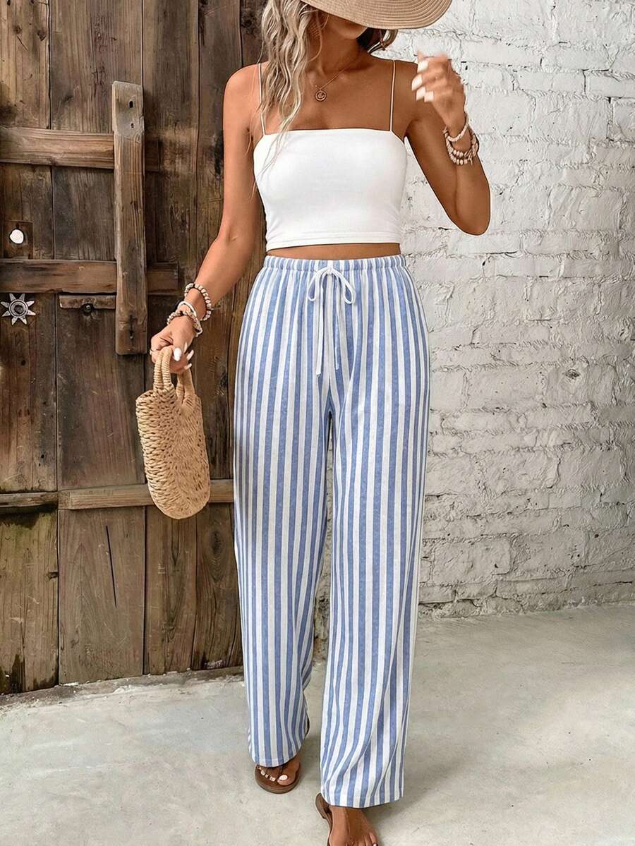 SHEIN Frenchy Casual Minimalist Style Vacation Blue & White Striped Women Elastic Waist Drawstring Loose Pants, Suitable For Spring & Summer Vacation - Multicolor - View 1