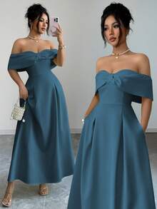 Elenzga Đầm xòe chữ A màu vàng nhạt thanh lịch, thoải mái, thích hợp cho nữ, đi làm, đi nghỉ mát, dự tiệc trà chiều, ngày Valentine, đám cưới, có nơ, kiểu dáng trễ vai, có túi, thích hợp cho mùa xuân/hè. - Màu xanh ngọc - Xem 1