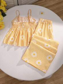 Tween Girl Daisy Pattern Plaid Print Bow Tie Camisole And Casual Pants Set - Yellow - View 2