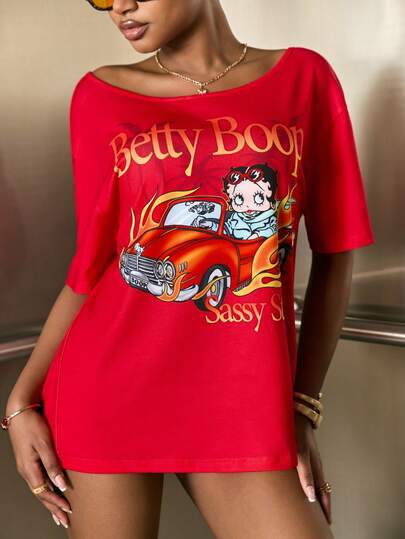 Betty Boop x SHEIN Áo thun nữ tay ngắn dáng rộng, thoải mái, đa năng.