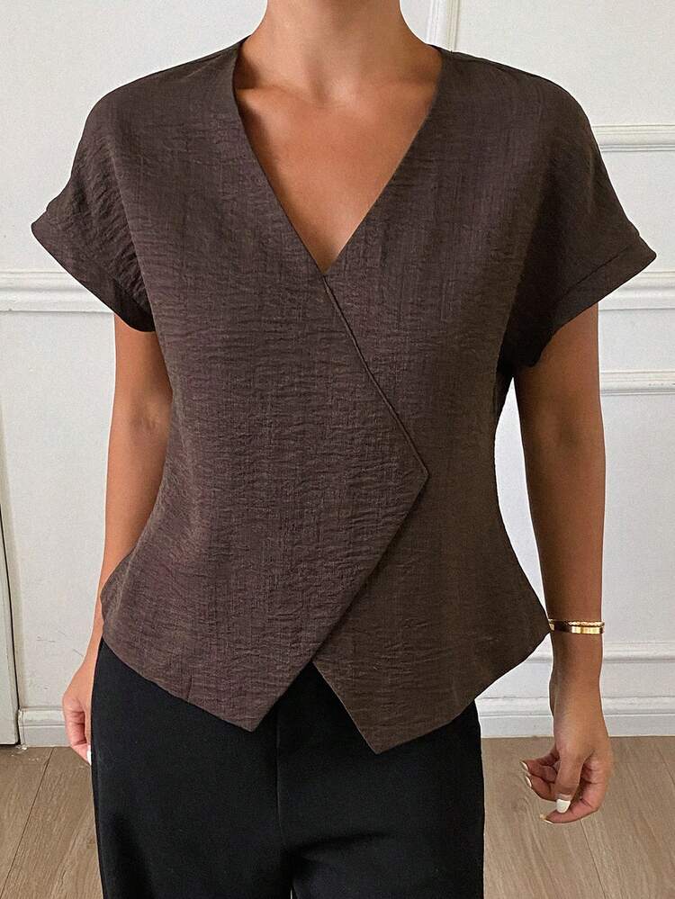 Women's Solid Color V-Neck Oblique Collar Short Sleeve Elegant Formal Summer Blouse
