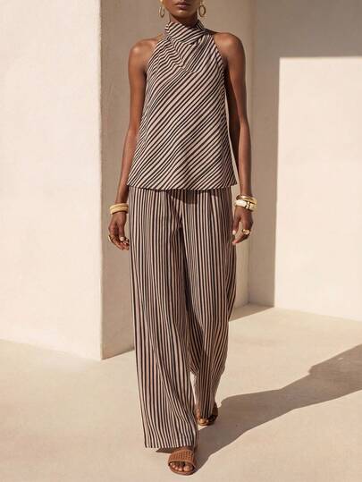 Zivah Women's Sleeveless Loose Top And Pants Set, Minimalist Elegant Casual French Street Relaxed Striped 2-Piece Outfit