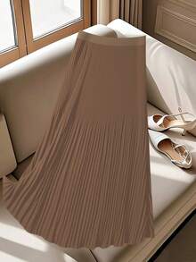 GlowEve CURVE Plus Size Women's Solid Color Elastic Waist Pleated Long Casual Skirt - Khaki - View 2
