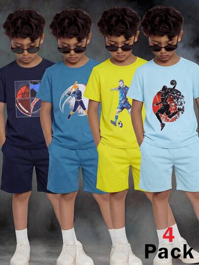 SHEIN 4套/买二送二 男童休闲足球、篮球、棒球图案短袖T恤，天蓝色、炭蓝色、薄荷绿、藏蓝色T恤，基础款上衣，运动套装，Y2K套装，SS26，夏季上衣，夏季短裤，夏季服装，夏季服饰，黑色、卡其色、白色T恤，男童套装，适合春夏、郊游、情人节、约会、旅行、度假、家庭聚会、返校、婚礼、派对、运动、生日等场合。